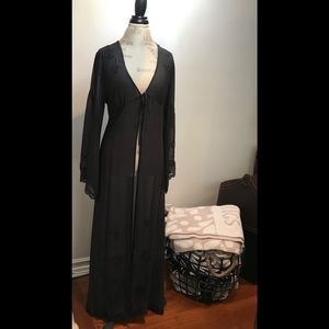Unused long black silk and sheer robe